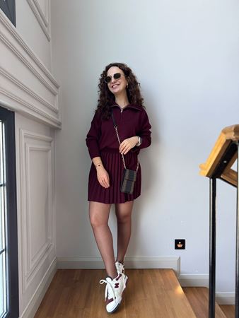 Bordo Kamyoner Yaka Kazak Pliseli Etek Triko Takım