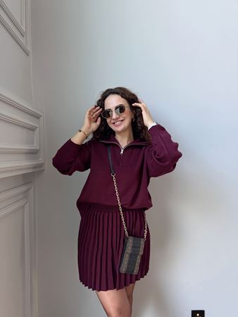 Bordo Kamyoner Yaka Kazak Pliseli Etek Triko Takım