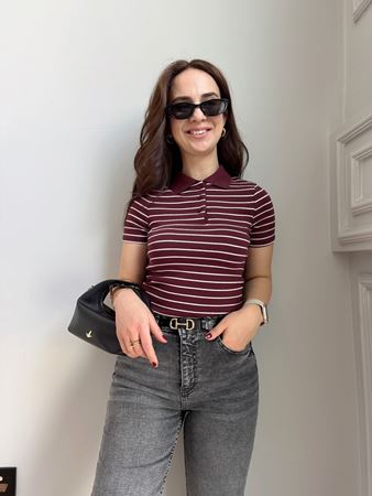 Bordo Çizgili Polo Yaka Triko