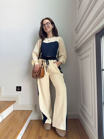 Bej Lacivert Denim Detay Garnili Takım