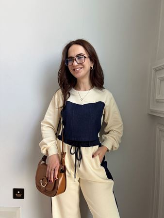 Bej Lacivert Denim Detay Garnili Takım