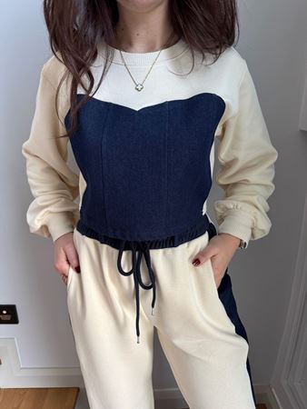 Bej Lacivert Denim Detay Garnili Takım