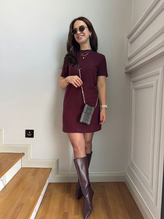 Bordo Bisiklet Yaka Önden Dikişli Selanik Elbise