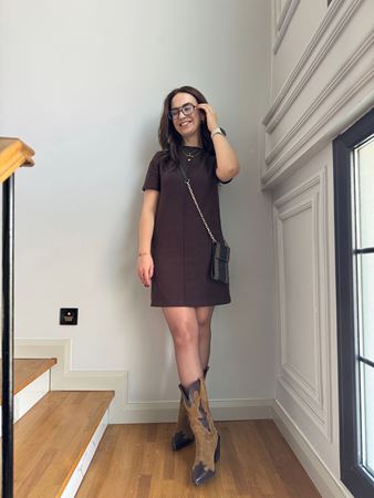 Acı Kahve Bisiklet Yaka Önden Dikişli Selanik Elbise