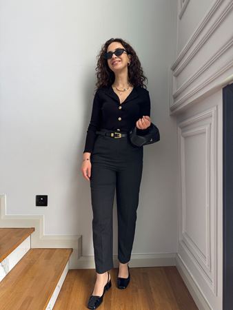 Antrasit Kemerli Yüksek Bel Pantolon