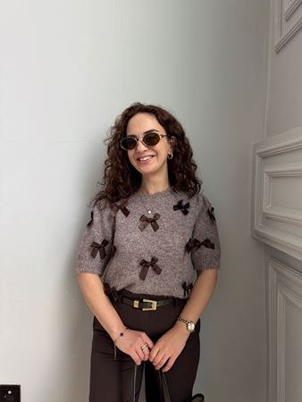 Vizon Bisiklet Yaka Fiyonk Detaylı Kısa Kollu Triko