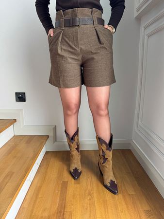 Kahverengi Kemerli Yüksek Bel Şort