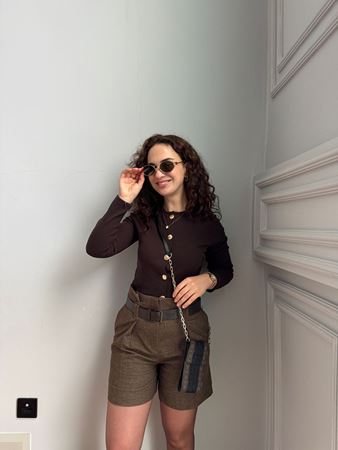 Kahverengi Gold Düğme Detaylı Hırka