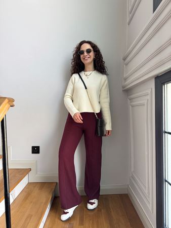 Bordo Yüksek Bel Fitilli Pantolon