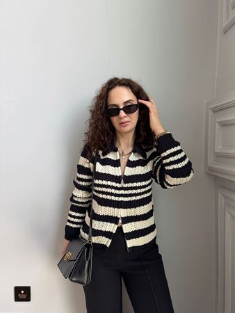 Laci Ekru Çizgili Polo Yaka Fermuarlı Hırka