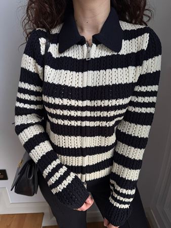 Laci Ekru Çizgili Polo Yaka Fermuarlı Hırka