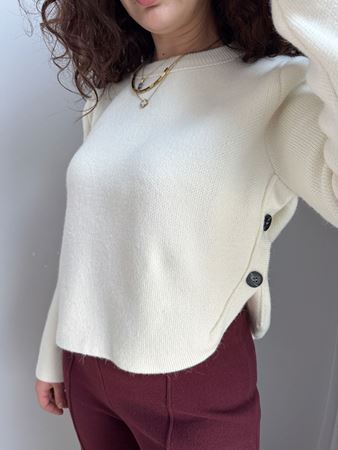 Ekru Bisiklet Yaka Yanları Düğmeli Kazak