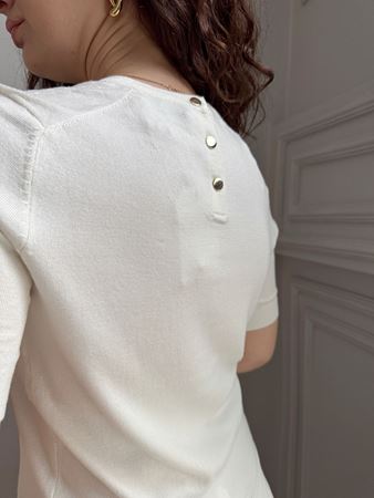 Ekru Bisiklet Yaka Arkası Düğmeli Kısa Kol Triko
