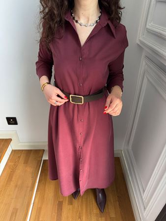 Bordo Kemerli Gömlek Elbise