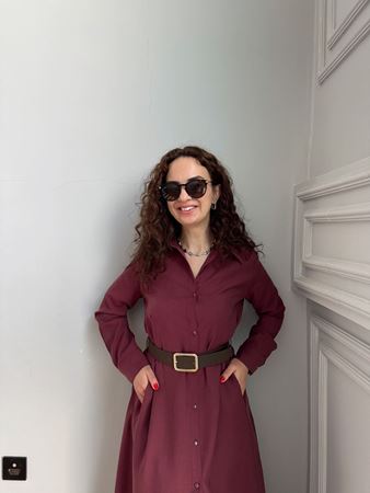 Bordo Kemerli Gömlek Elbise
