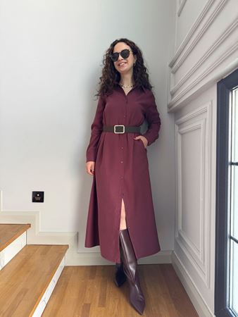 Bordo Kemerli Gömlek Elbise