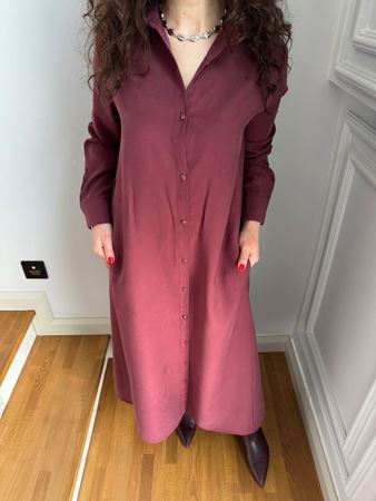 Bordo Kemerli Gömlek Elbise