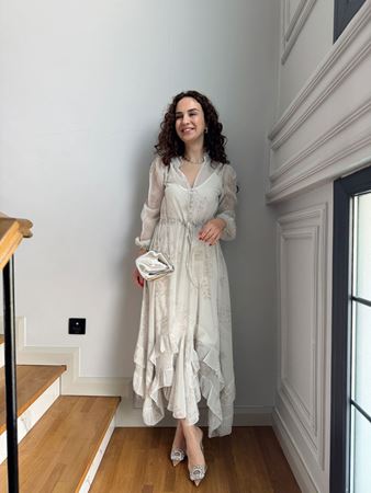 Taş İçi Astarlı Çiçek Desen Şifon Elbise