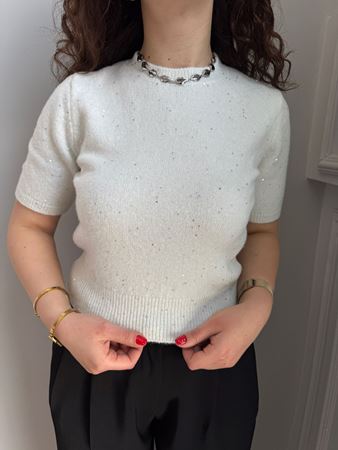 Ekru Simli Pullu Yarım Kollu Triko