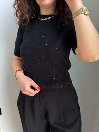 Siyah Simli Pullu Yarım Kollu Triko