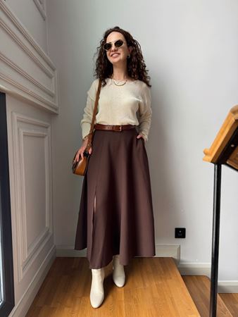 Kahverengi Yırtmaçlı Cepli Çan Etek