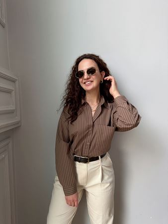 Kahve Bej Çizgili Oversize Gömlek
