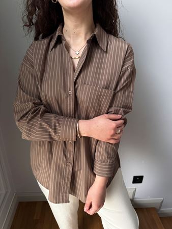 Kahve Bej Çizgili Oversize Gömlek