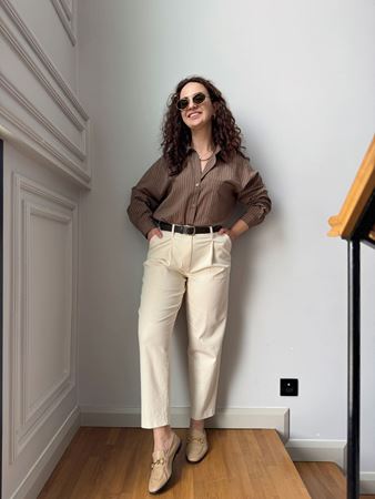 Ekru Kemerli Pensli Pantolon