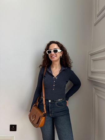 İndigo Dik Yaka Çıtçıtlı Triko Kazak