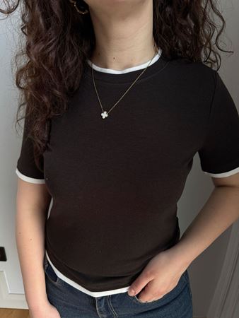 Kahverengi Yakası Kolları ve Etek Ucu Biyeli Bluz