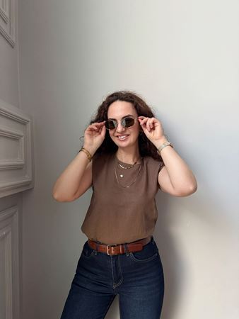 MD Kahverengi Omuzları Vatkalı Keten Bluz