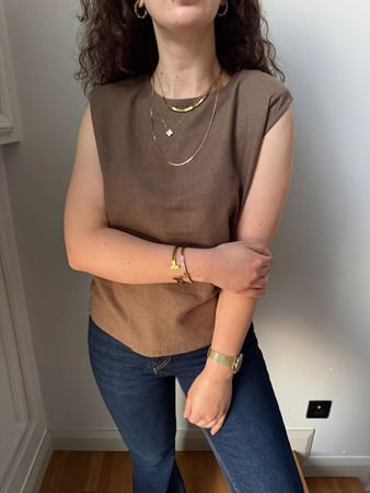 MD Kahverengi Omuzları Vatkalı Keten Bluz