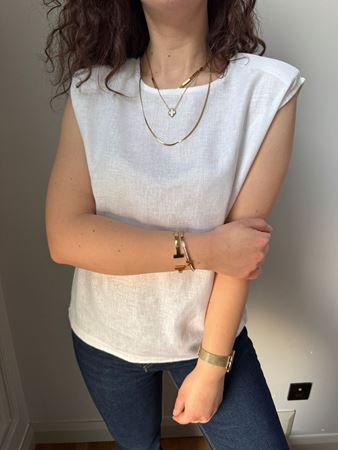 MD Beyaz Omuzları Vatkalı Keten Bluz