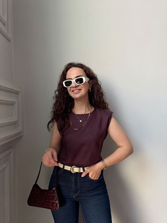 MD Bordo Omuzları Vatkalı Keten Bluz