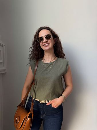 MD Haki Omuzları Vatkalı Keten Bluz