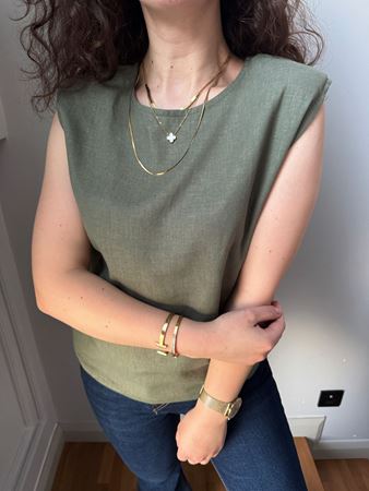 MD Haki Omuzları Vatkalı Keten Bluz