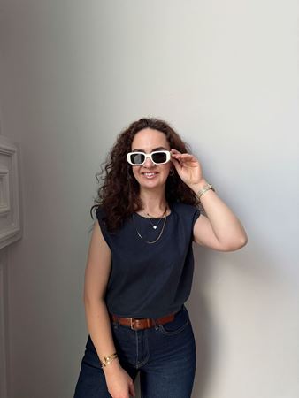 MD Lacivert Omuzları Vatkalı Keten Bluz