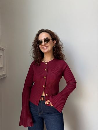 Bordo Bisiklet Yaka Düğmeli İspanyol Kol Triko Hırka