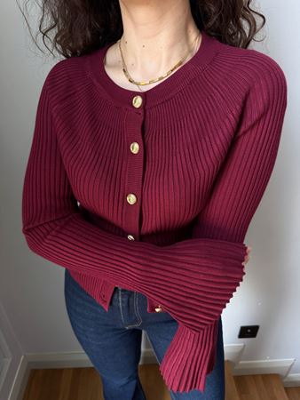 Bordo Bisiklet Yaka Düğmeli İspanyol Kol Triko Hırka