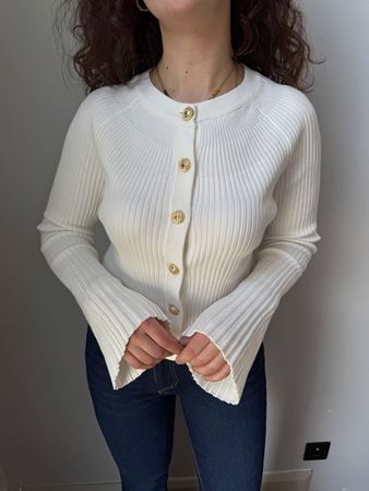 Beyaz Bisiklet Yaka Düğmeli İspanyol Kol Triko Hırka