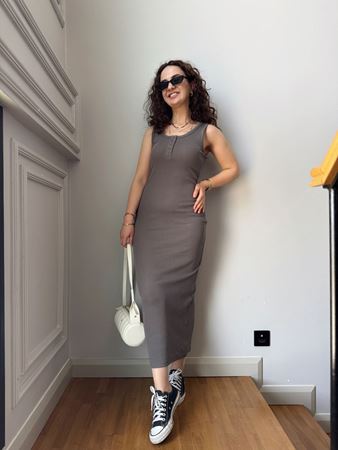 Füme Düğme Detaylı Midi Elbise