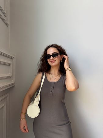 Füme Düğme Detaylı Midi Elbise