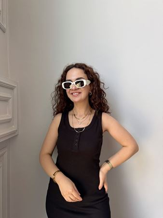 Siyah Düğme Detaylı Midi Elbise