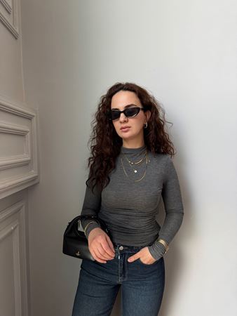 Antrasit Dik Yaka Drape Detay Body