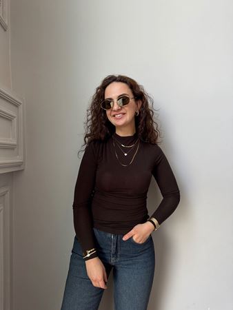 Kahverengi Dik Yaka Drape Detay Body