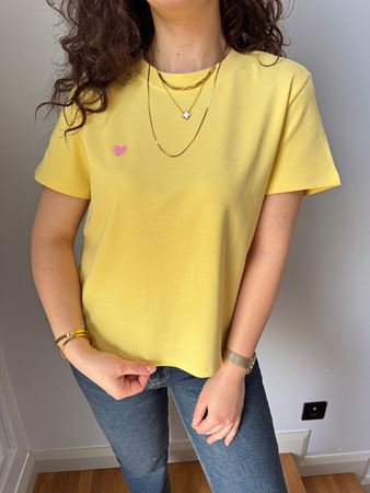 Sarı Bisiklet Yaka Kalp Nakışlı Pamuklu T-Shirt