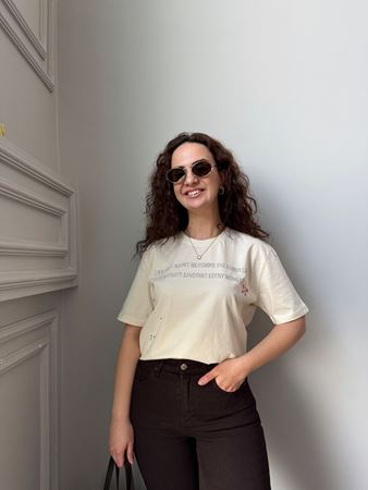 Bej Baskılı Basic T-shirt
