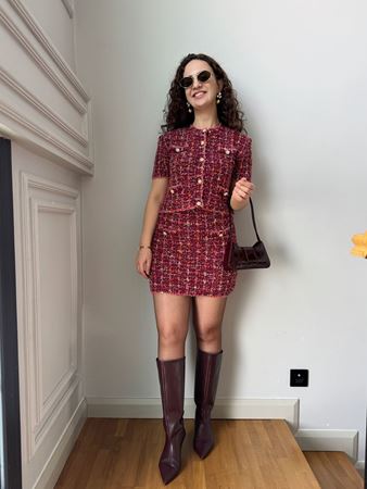 Bordo İnci Düğmeli Tüvit Etek Gömlek Takım