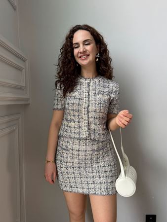 İndigo İnci Düğmeli Tüvit Etek Gömlek Takım