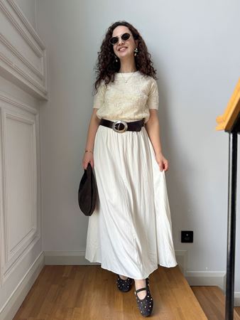 Ekru Beli Lastikli Kraşlı Etek
